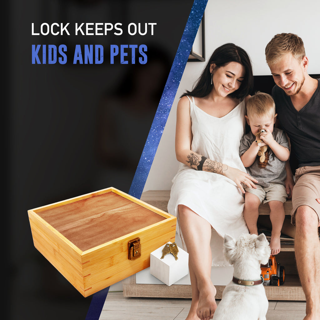 Security is key.  Which is why our large stash boxes include a lock and two keys to keep out kids and pets, those who are most at risk for accidental consumption.