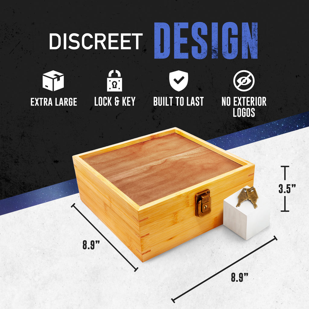 Our weed stash boxes with locks are extra large to hold more of your stuff, are built with reinforced joinery and are discreet. No exterior logos.