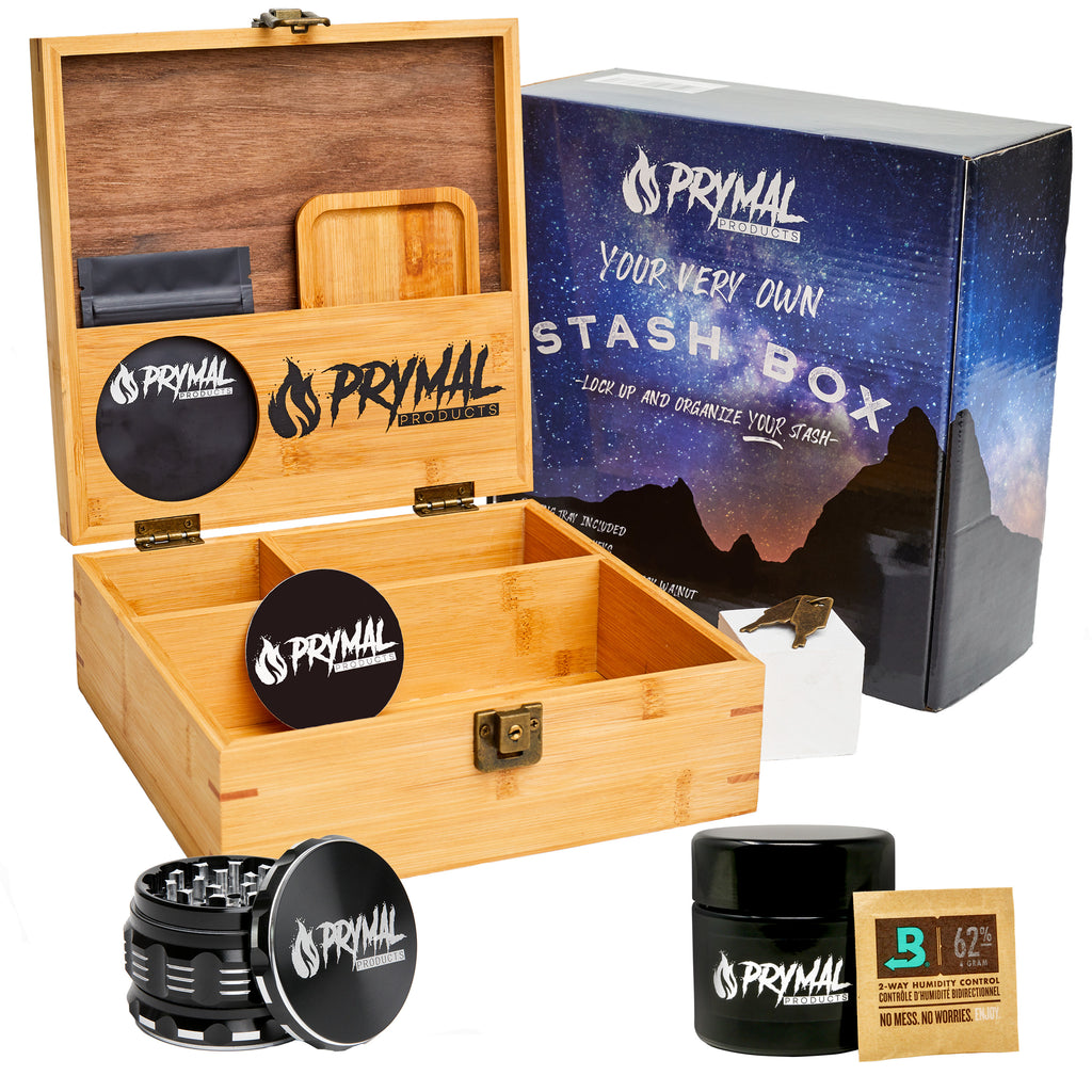Weed stash box kit with herb grinder and UV smell proof jar.